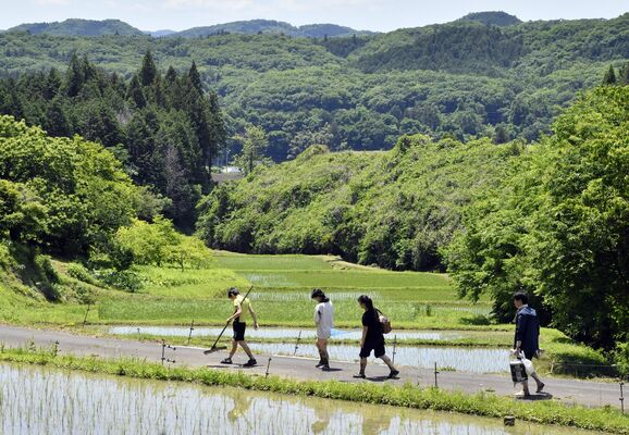田んぼの除草作業を終え帰路につく宇都宮市の親と子どもの居場所「キッズハウス・いろどり」の利用者ら。居場所は体験活動の提供も重視している＝５月25日、茂木町内