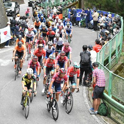 沿道のファンが見守る中、急坂を力強く登る選手たち＝16日午前11時５分、宇都宮市森林公園周回コース