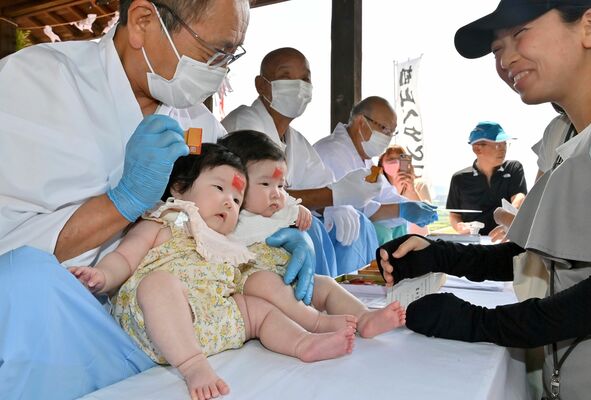 ４年ぶりのペタンコ祭りで朱印を押してもらう双子の赤ちゃん＝１日午前９時20分、足利市田中町
