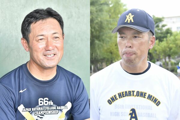 石橋の福田博之監督（左）と青森山田の兜森崇朗監督