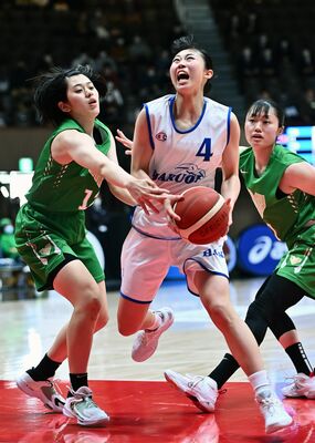 第３クオーター８分、白鴎大の鈴置（中央）が鋭いドライブでファウルを誘う