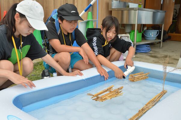 完成したヨシ舟を水に浮かべる児童