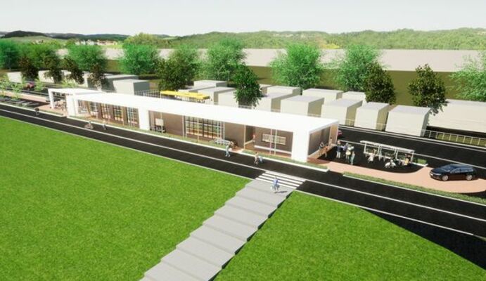 足利市が渡良瀬川河川敷の堤防部分に整備予定の施設のイメージ。事業を担う３社には極東体育施設のグループ企業が名を連ねた。