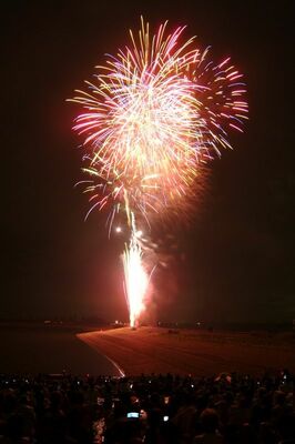 谷中湖の湖面を照らした渡良瀬遊水地花火大会＝2004年８月