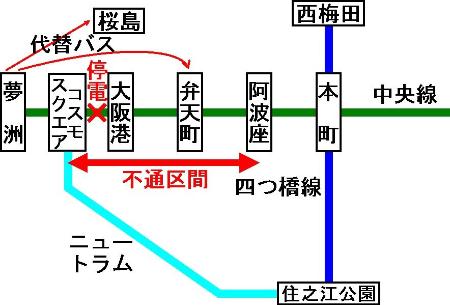 阿部等さん自作の関係路線図。中央線(緑)の停電箇所(赤×印)、不通区間と、ニュートラム(水色)、四つ橋線(青)の経路を示す。区間運転は大阪港折り返し、代替バスはコスモスクエア―大阪港で実施すべきだったと提言している