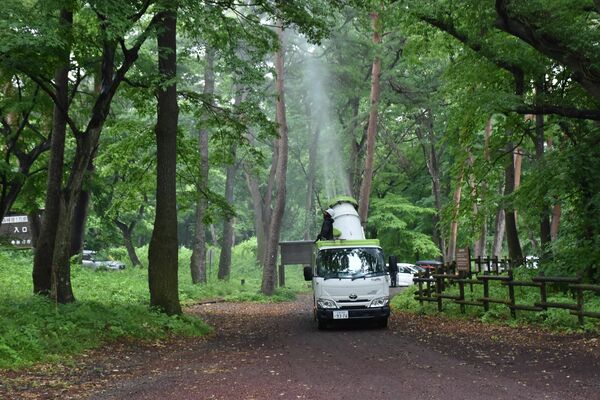 アカマツに薬剤を噴射する作業車