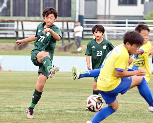 第４節　ヴェルフェ矢板－栃木ＳＣ戦　前半５分、ヴェルフェ矢板・田口がシュートを決める＝宇都宮市サッカー場