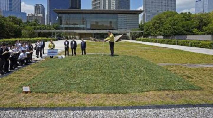 　福島第１原発事故に伴う除染土を再利用し、造成された首相官邸の前庭＝２０２５年７月