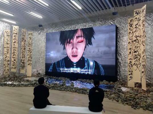　ルー・ヤン「ＤＯＫＵ（独）」シリーズ。明るい場所でもクリアな映像を鑑賞できるＬＥＤパネルで上映＝東京・六本木の森美術館（提供写真）