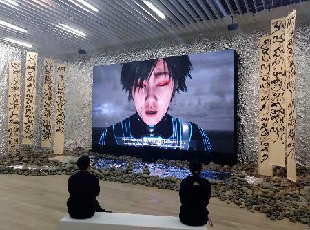 ルー・ヤン「DOKU(独)」シリーズ。明るい場所でもクリアな映像を鑑賞できるLEDパネルで上映=東京・六本木の森美術館(提供写真)