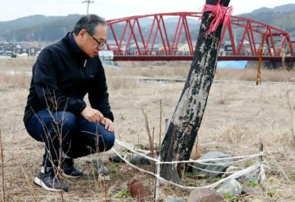 焼け焦げた柿の木を見つめる畠中陽一さん=25日、石川県輪島市