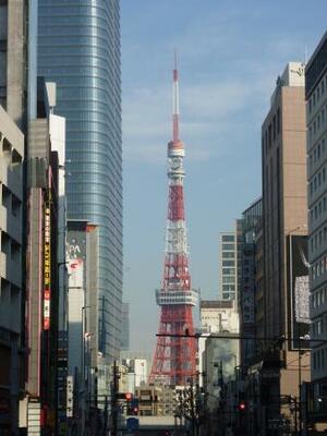 外苑東通りから見た東京タワー=東京都港区