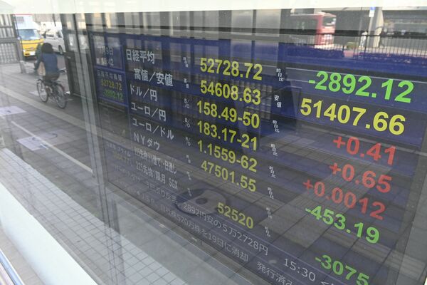 史上３番目の下げ幅となった日経平均株価を示すとちぎんＴＴ証券のモニター＝９日午後、宇都宮市池上町