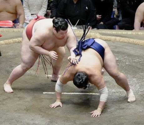 熱海富士(左)が突き落としで阿炎を破る=両国国技館