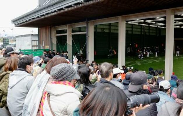 　ＷＢＣ日本代表の強化合宿を訪れ、ブルペンで練習する選手を見守るファン＝１７日、宮崎市