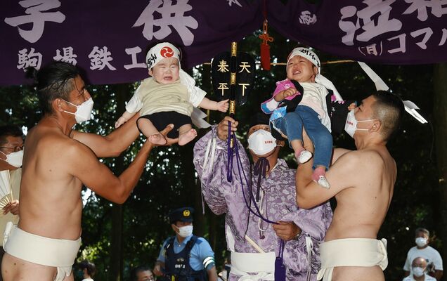 力士役の氏子に掲げられ泣き声を上げる子どもたち＝２５日午後１時３５分、鹿沼市樅山町