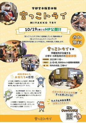 市が11月から実施する小学生向け職業体験「宮っこトライ」のチラシ