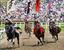 　「相馬野馬追」の甲冑競馬で疾走する騎馬武者＝２４日午後、福島県南相馬市