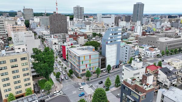 戦後復興のシンボル・大いちょう（左手前）方向から望む市街地。空襲で焼け野原となった街は80年を経て発展を遂げる＝11日午前11時30分、宇都宮市中央２丁目、永嶌理絵撮影