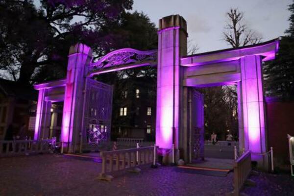 紫色にライトアップされた東大本郷キャンパス正門=22日午後