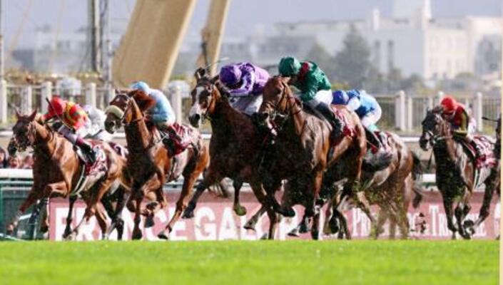 　優勝したフランス馬のダリズ（中央右）。左端は日本馬で５着のビザンチンドリーム。右端は日本馬で１４着のクロワデュノール＝パリロンシャン競馬場（共同）