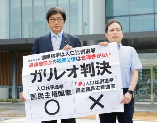 衆院選「1票の格差」訴訟の判決後、名古屋高裁金沢支部前で判断を非難する紙を掲げる伊藤真弁護士(左)ら=17日午後