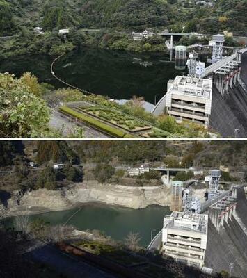 　貯水率１００％（上、２０２５年１１月）と今月４日、貯水率が低下した大渡ダム＝高知県仁淀川町（大渡ダム管理所提供）