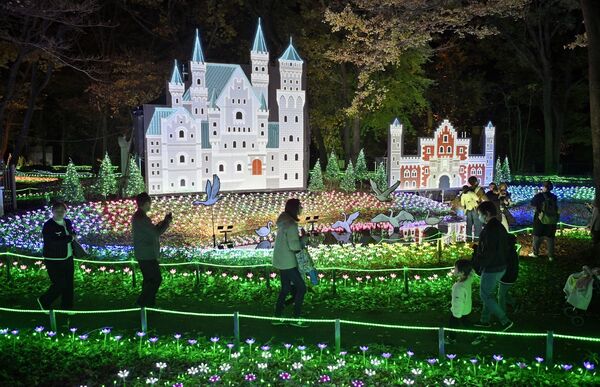 グリムの森を華やかに彩るイルミネーション＝28日午後６時30分、下野市下古山