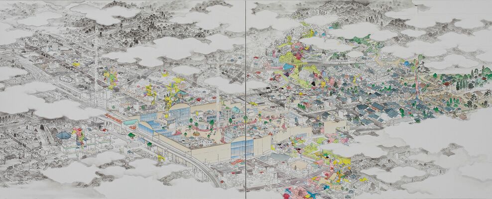山口晃「ショッピングモール」（2015年～　縦130.0センチ、油彩・墨・水彩・カンヴァス、横324.0センチ、桐生市蔵・寄託作品）