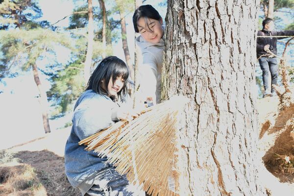 こもを外す子どもたち