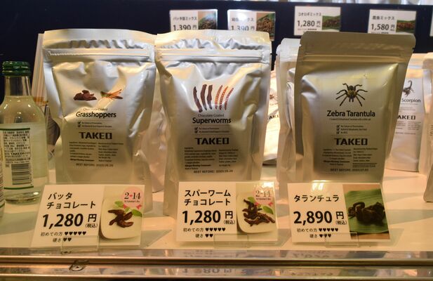販売されているバッタチョコレートなど＝11日午前、宇都宮市
