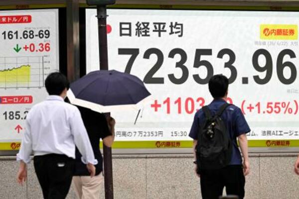 日経平均株価の終値を示すモニター=22日午後、東京都中央区