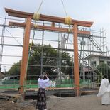 立派な大鳥居、完成間近　真岡・大前神社で立柱式