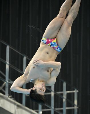 男子３メートル板飛び込み決勝　準優勝した須山（日本水泳振興会宇都宮）の最終演技＝東京アクアティクスセンター、磯真奈美撮影