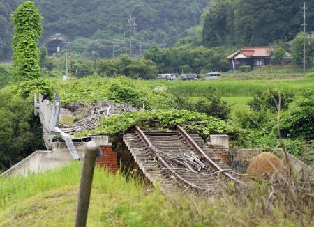 　全線運休が続くＪＲ美祢線の線路＝６月、山口県美祢市