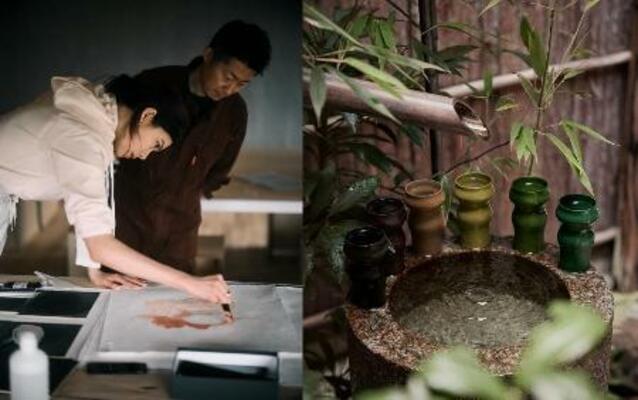 　手仕事の展覧会に参加する森星さん（左）。右は展示される漆器作品（提供写真）
