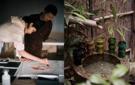 　手仕事の展覧会に参加する森星さん（左）。右は展示される漆器作品（提供写真）