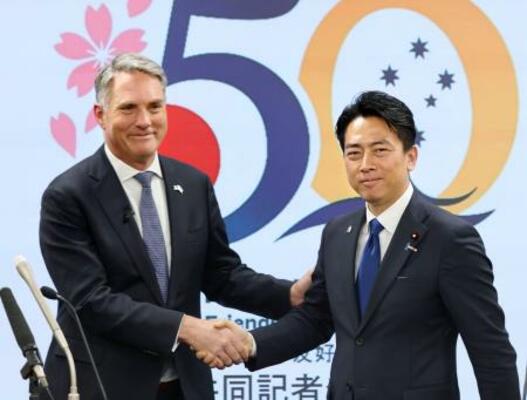 　会談後の共同記者会見で握手するオーストラリアのマールズ副首相兼国防相（左）と小泉防衛相＝８日午後、防衛省