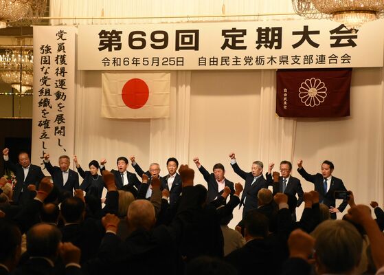 次期衆院選など各種選挙に向けて気勢を上げる自民県連の定期大会参加者＝25日午前、宇都宮市
