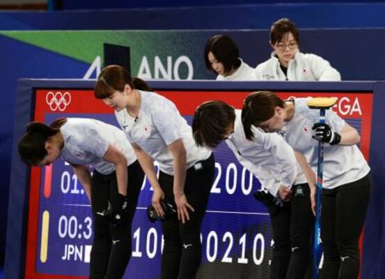 　延長の末にデンマークに敗れ、引き揚げる（左から）近江谷、小谷、吉村、小野寺＝コルティナダンペッツォ（共同）