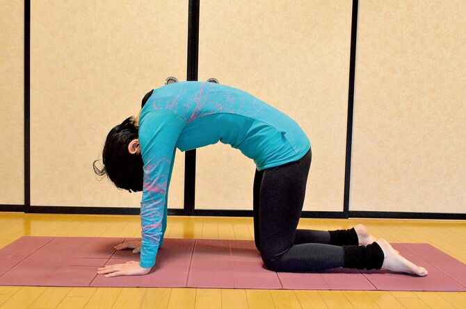 ❶腕の間に頭を入れるように、おなかをへこませて背中を丸める
