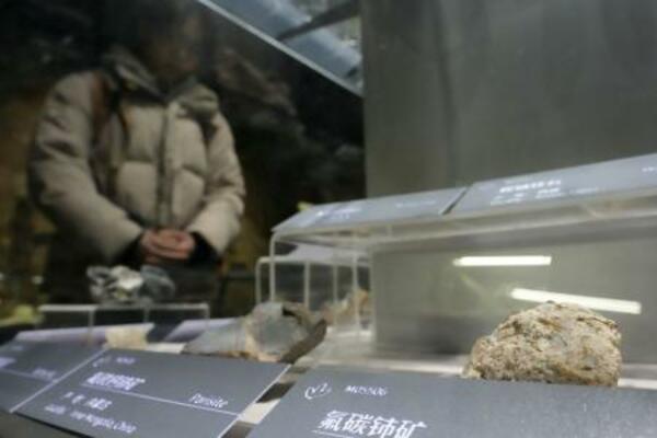 北京市内の博物館で展示されているレアアース(希土類)が含まれた鉱物=1月(共同)