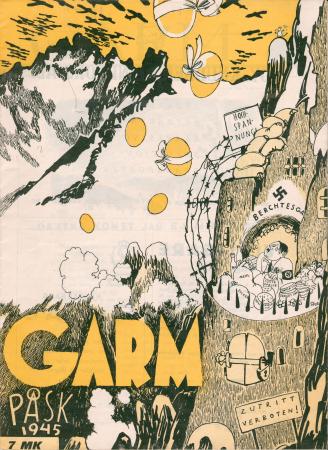 雑誌「ガルム」1945年イースター号(ムーミンキャラクターズコレクション (C)Tove Jansson Estate)。山荘に隠れている敗北間近のヒトラーに、卵の爆弾が降り注いでいる(提供写真)