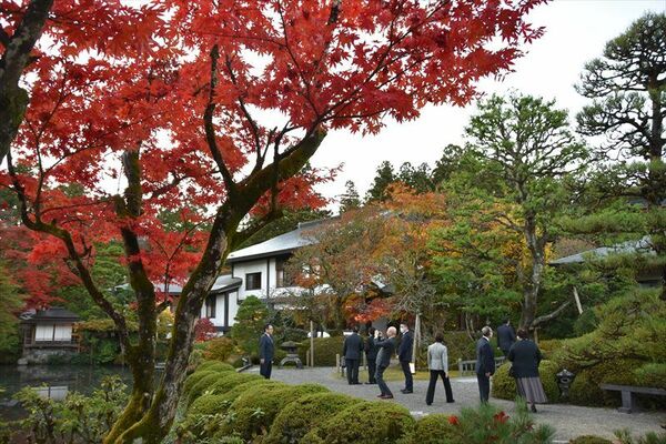 木々が紅葉した逍遥園を散策する出席者