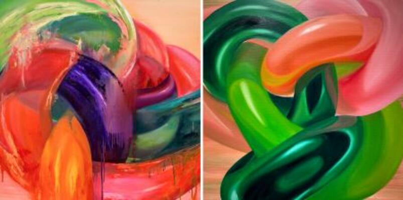 WAKANA「Adjacent Balloons-Pink&Green」(左)、「Neighboring Balloons-Metallic Green&Yellow Green」(提供写真)