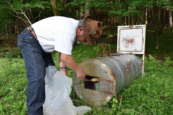 クマのわなに餌を補充する県猟友会日光支部のメンバー＝４日午後３時35分、日光市鬼怒川温泉大原