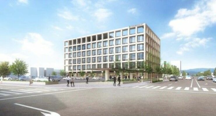 栃木銀行の新本店ビルの完成予想図。ビルの右がいちょう通り、手前は国道１１９号
