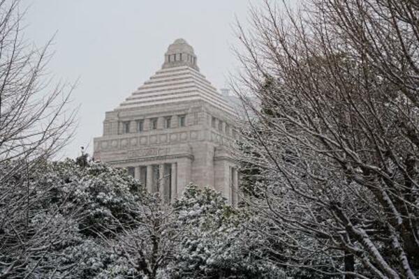 　うっすらと雪が積もった国会議事堂前＝８日午前
