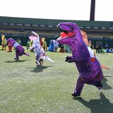 恐竜たちが「大暴れ」 大玉転がし、綱引き、30メートル走 宇都宮でティラノサウルスレース