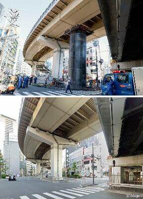 　１１日、地下に敷設されていた管（円柱状のもの）が隆起した大阪市北区の現場。下は発生前（（Ｃ）Ｇｏｏｇｌｅ）